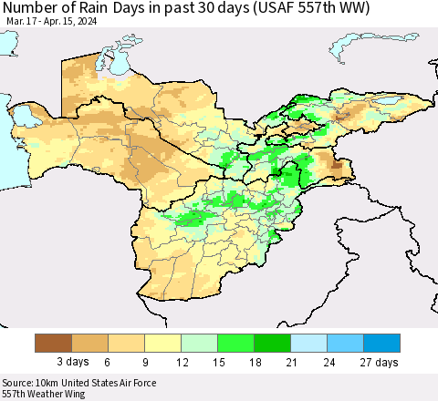 Central Asia Number of Rain Days in past 30 days (USAF 557th WW) 04/15/2024 Thematic Map For 4/11/2024 - 4/15/2024