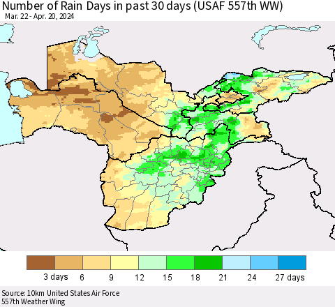 Central Asia Number of Rain Days in past 30 days (USAF 557th WW) 04/20/2024 Thematic Map For 4/16/2024 - 4/20/2024