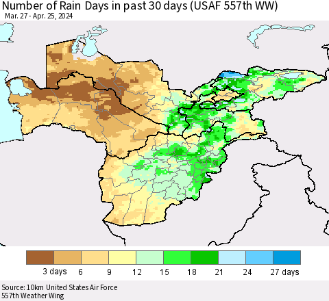 Central Asia Number of Rain Days in past 30 days (USAF 557th WW) 04/25/2024 Thematic Map For 4/21/2024 - 4/25/2024