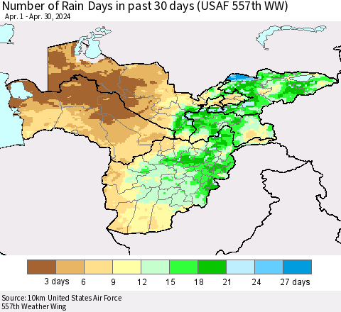 Central Asia Number of Rain Days in past 30 days (USAF 557th WW) 04/30/2024 Thematic Map For 4/26/2024 - 4/30/2024