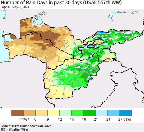 Central Asia Number of Rain Days in past 30 days (USAF 557th WW) 05/05/2024 Thematic Map For 5/1/2024 - 5/5/2024