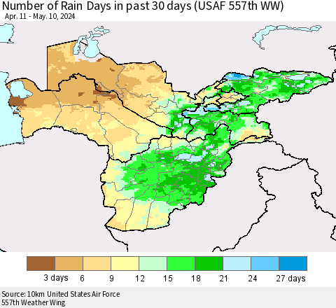 Central Asia Number of Rain Days in past 30 days (USAF 557th WW) 05/10/2024 Thematic Map For 5/6/2024 - 5/10/2024
