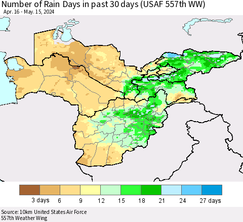 Central Asia Number of Rain Days in past 30 days (USAF 557th WW) 05/15/2024 Thematic Map For 5/11/2024 - 5/15/2024