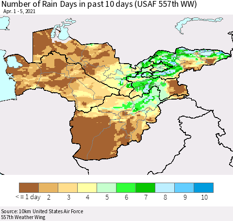 Central Asia Number of Rain Days in past 10 days (USAF 557th WW) Thematic Map For 4/1/2021 - 4/5/2021