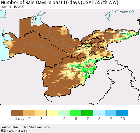 Central Asia Number of Rain Days in past 10 days (USAF 557th WW) Thematic Map For 4/11/2021 - 4/15/2021