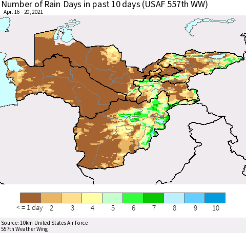 Central Asia Number of Rain Days in past 10 days (USAF 557th WW) Thematic Map For 4/16/2021 - 4/20/2021
