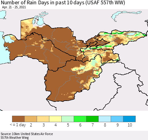Central Asia Number of Rain Days in past 10 days (USAF 557th WW) Thematic Map For 4/21/2021 - 4/25/2021