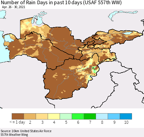 Central Asia Number of Rain Days in past 10 days (USAF 557th WW) Thematic Map For 4/26/2021 - 4/30/2021