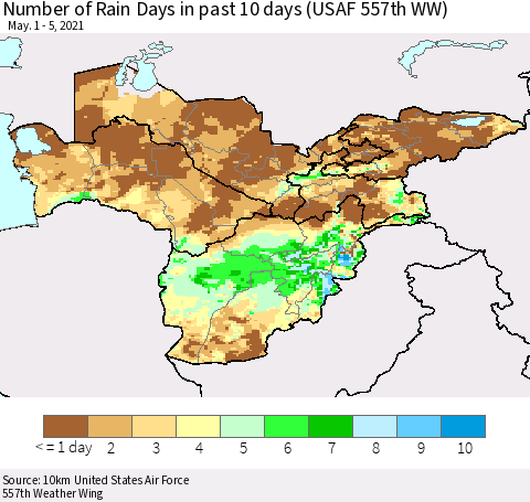 Central Asia Number of Rain Days in past 10 days (USAF 557th WW) Thematic Map For 5/1/2021 - 5/5/2021