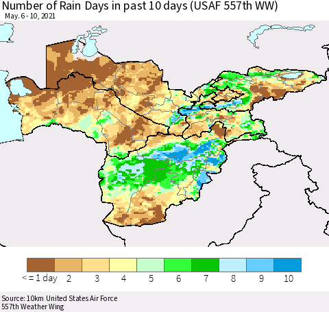 Central Asia Number of Rain Days in past 10 days (USAF 557th WW) Thematic Map For 5/6/2021 - 5/10/2021