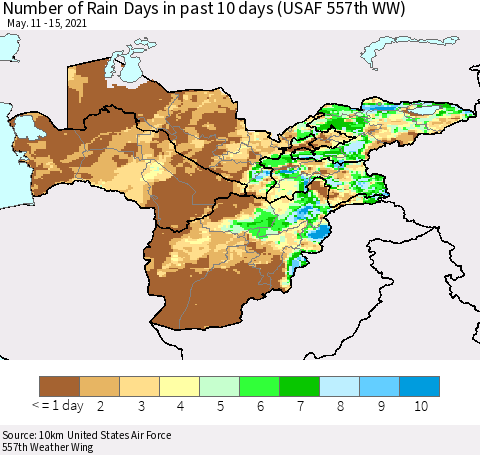 Central Asia Number of Rain Days in past 10 days (USAF 557th WW) Thematic Map For 5/11/2021 - 5/15/2021