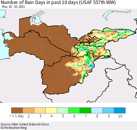 Central Asia Number of Rain Days in past 10 days (USAF 557th WW) Thematic Map For 5/16/2021 - 5/20/2021