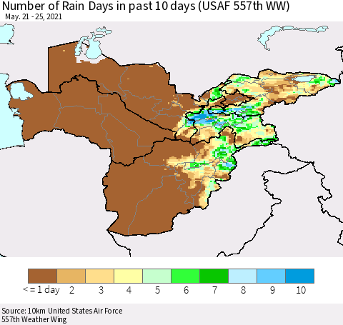 Central Asia Number of Rain Days in past 10 days (USAF 557th WW) Thematic Map For 5/21/2021 - 5/25/2021
