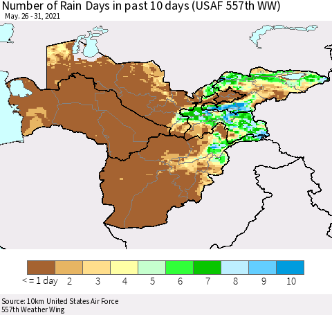 Central Asia Number of Rain Days in past 10 days (USAF 557th WW) Thematic Map For 5/26/2021 - 5/31/2021
