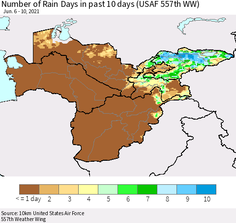 Central Asia Number of Rain Days in past 10 days (USAF 557th WW) Thematic Map For 6/6/2021 - 6/10/2021