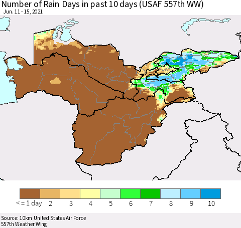 Central Asia Number of Rain Days in past 10 days (USAF 557th WW) Thematic Map For 6/11/2021 - 6/15/2021