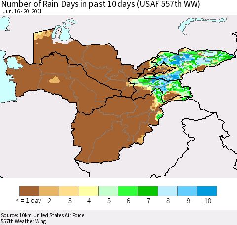 Central Asia Number of Rain Days in past 10 days (USAF 557th WW) Thematic Map For 6/16/2021 - 6/20/2021