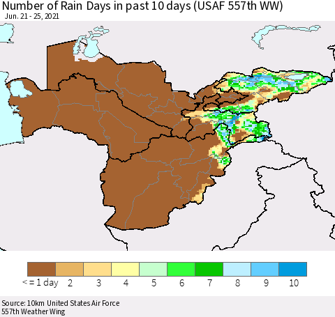 Central Asia Number of Rain Days in past 10 days (USAF 557th WW) Thematic Map For 6/21/2021 - 6/25/2021
