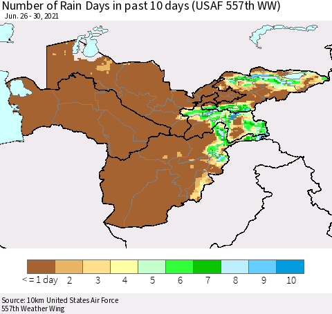 Central Asia Number of Rain Days in past 10 days (USAF 557th WW) Thematic Map For 6/26/2021 - 6/30/2021