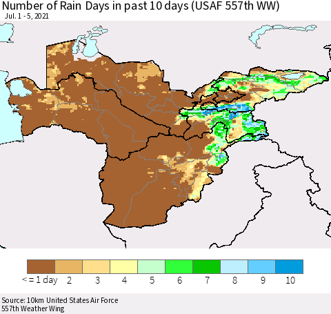 Central Asia Number of Rain Days in past 10 days (USAF 557th WW) Thematic Map For 7/1/2021 - 7/5/2021