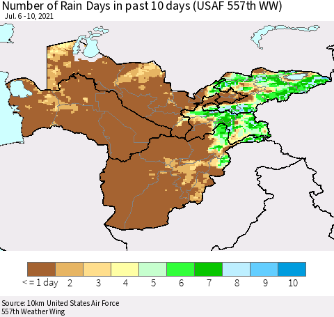 Central Asia Number of Rain Days in past 10 days (USAF 557th WW) Thematic Map For 7/6/2021 - 7/10/2021