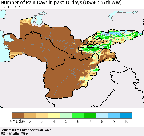 Central Asia Number of Rain Days in past 10 days (USAF 557th WW) Thematic Map For 7/11/2021 - 7/15/2021