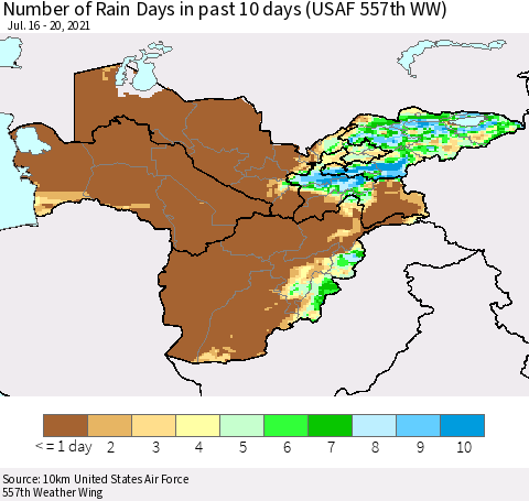 Central Asia Number of Rain Days in past 10 days (USAF 557th WW) Thematic Map For 7/16/2021 - 7/20/2021