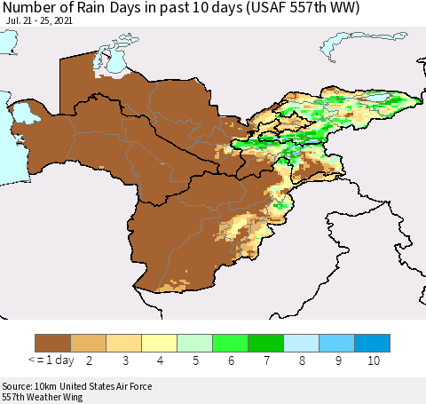 Central Asia Number of Rain Days in past 10 days (USAF 557th WW) Thematic Map For 7/21/2021 - 7/25/2021