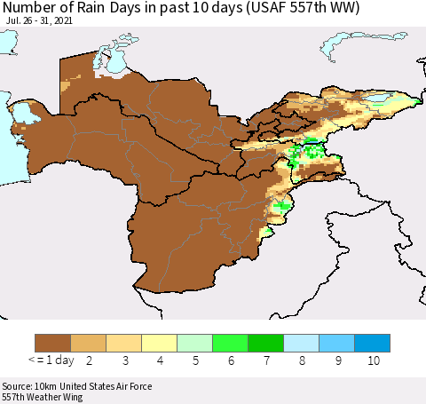 Central Asia Number of Rain Days in past 10 days (USAF 557th WW) Thematic Map For 7/26/2021 - 7/31/2021