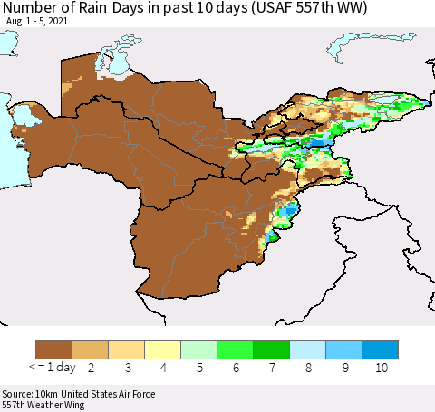Central Asia Number of Rain Days in past 10 days (USAF 557th WW) Thematic Map For 8/1/2021 - 8/5/2021