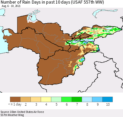 Central Asia Number of Rain Days in past 10 days (USAF 557th WW) Thematic Map For 8/6/2021 - 8/10/2021