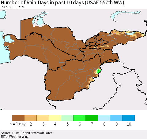 Central Asia Number of Rain Days in past 10 days (USAF 557th WW) Thematic Map For 9/6/2021 - 9/10/2021