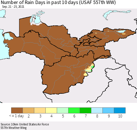Central Asia Number of Rain Days in past 10 days (USAF 557th WW) Thematic Map For 9/21/2021 - 9/25/2021