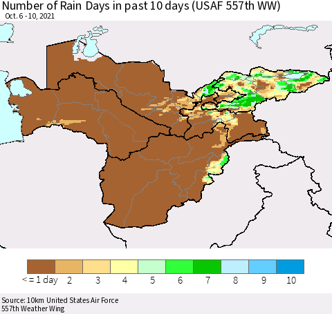 Central Asia Number of Rain Days in past 10 days (USAF 557th WW) Thematic Map For 10/6/2021 - 10/10/2021