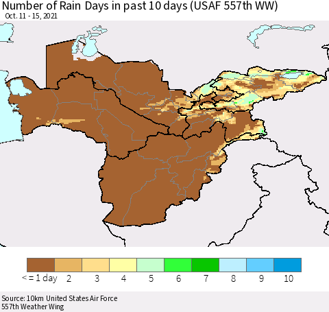 Central Asia Number of Rain Days in past 10 days (USAF 557th WW) Thematic Map For 10/11/2021 - 10/15/2021