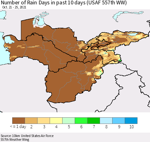 Central Asia Number of Rain Days in past 10 days (USAF 557th WW) Thematic Map For 10/21/2021 - 10/25/2021