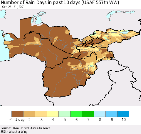 Central Asia Number of Rain Days in past 10 days (USAF 557th WW) Thematic Map For 10/26/2021 - 10/31/2021