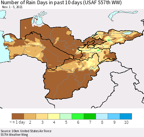 Central Asia Number of Rain Days in past 10 days (USAF 557th WW) Thematic Map For 11/1/2021 - 11/5/2021