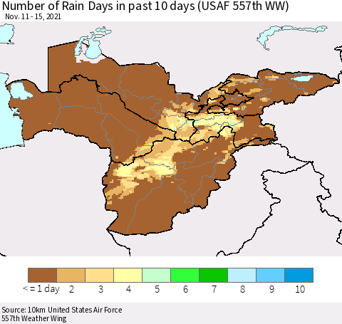 Central Asia Number of Rain Days in past 10 days (USAF 557th WW) Thematic Map For 11/11/2021 - 11/15/2021