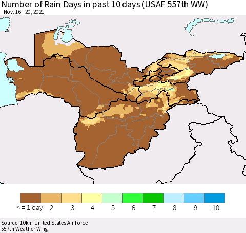 Central Asia Number of Rain Days in past 10 days (USAF 557th WW) Thematic Map For 11/16/2021 - 11/20/2021