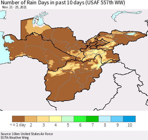 Central Asia Number of Rain Days in past 10 days (USAF 557th WW) Thematic Map For 11/21/2021 - 11/25/2021
