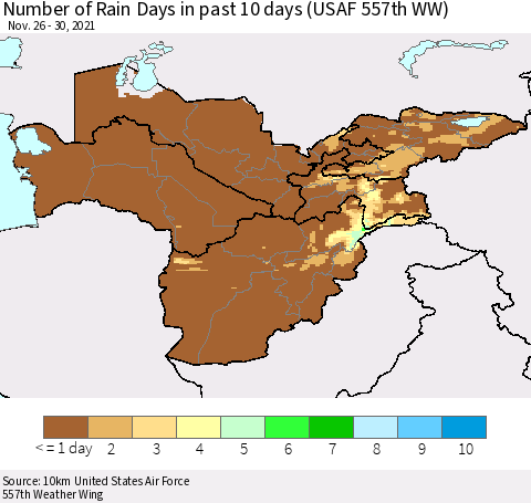 Central Asia Number of Rain Days in past 10 days (USAF 557th WW) Thematic Map For 11/26/2021 - 11/30/2021