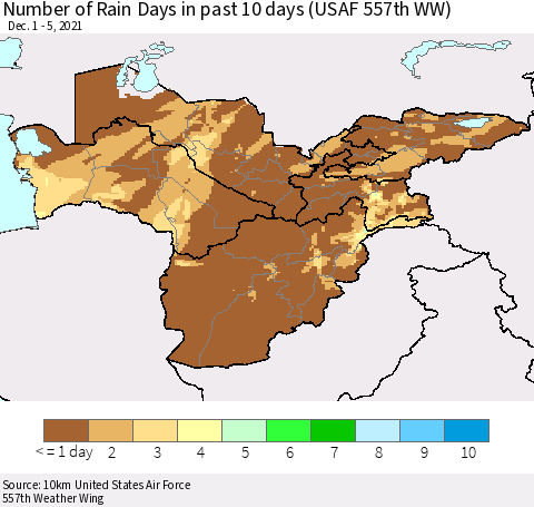 Central Asia Number of Rain Days in past 10 days (USAF 557th WW) Thematic Map For 12/1/2021 - 12/5/2021