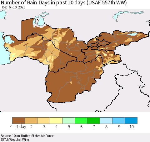 Central Asia Number of Rain Days in past 10 days (USAF 557th WW) Thematic Map For 12/6/2021 - 12/10/2021