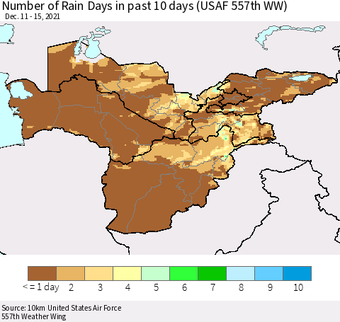 Central Asia Number of Rain Days in past 10 days (USAF 557th WW) Thematic Map For 12/11/2021 - 12/15/2021