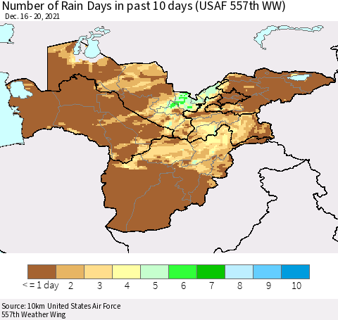 Central Asia Number of Rain Days in past 10 days (USAF 557th WW) Thematic Map For 12/16/2021 - 12/20/2021