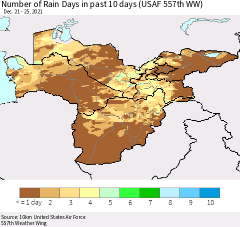 Central Asia Number of Rain Days in past 10 days (USAF 557th WW) Thematic Map For 12/21/2021 - 12/25/2021