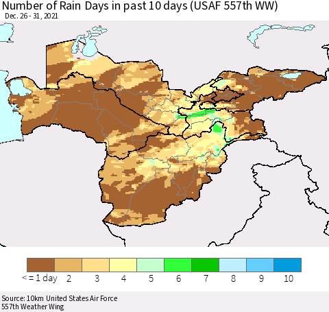 Central Asia Number of Rain Days in past 10 days (USAF 557th WW) Thematic Map For 12/26/2021 - 12/31/2021