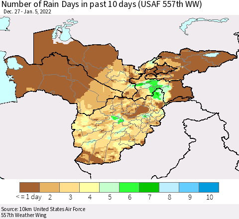 Central Asia Number of Rain Days in past 10 days (USAF 557th WW) Thematic Map For 1/1/2022 - 1/5/2022