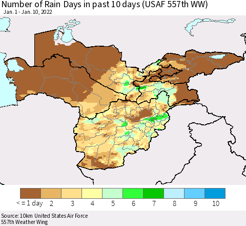 Central Asia Number of Rain Days in past 10 days (USAF 557th WW) Thematic Map For 1/6/2022 - 1/10/2022
